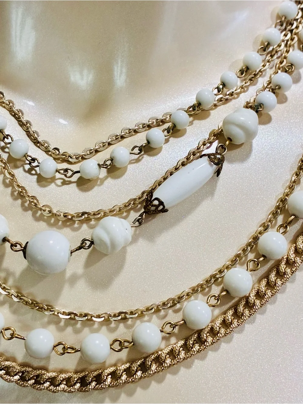Signed Multi-Strand White Bead and Gold Chain Statement Necklace MCM Retro EUC